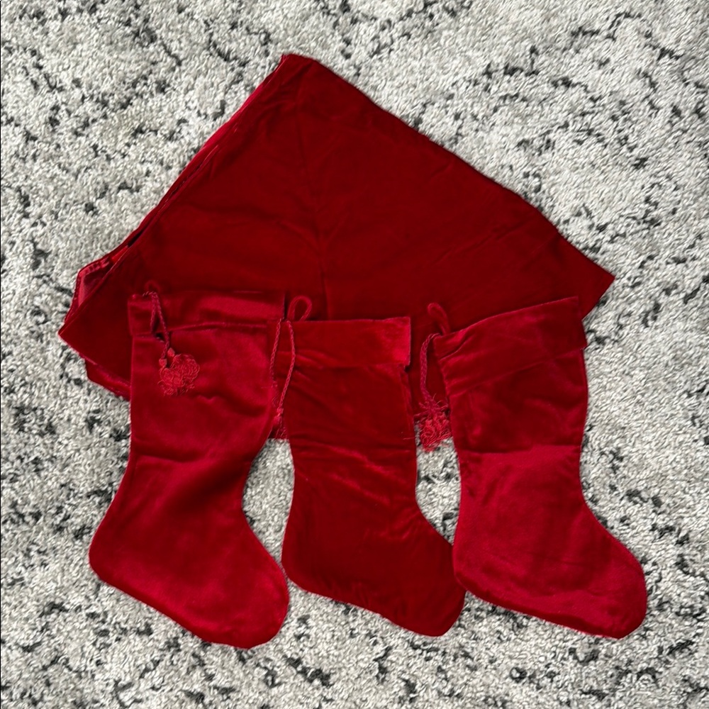 Red Velvet Tree Skirt and 3 Stockings